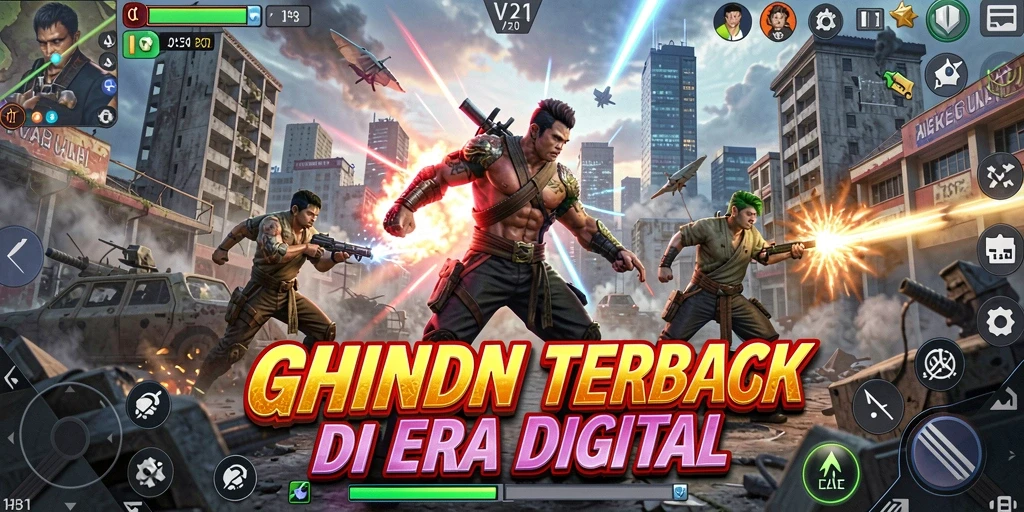 Screenshot permainan V21 menunjukkan aksi pertarungan yang intens dan dinamis.